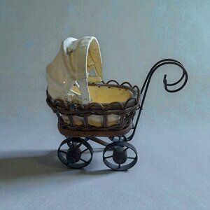 Victorian Baby Doll Carriage Buggy Wicker Stroller Canopy Vintage Style 8x4x8"